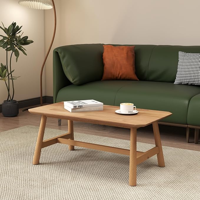 CIMOTA Coffee Table, Mid-Century Modern Rectangular Center Table, Solid Natural Wood Tea Table for Living Room, Light Wood Finish, 35.5" x 20"