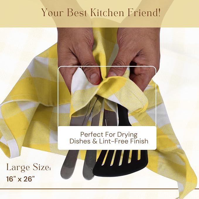 Buffalo Check Kitchen Towels, 16x26 Inches, 12 Pack Plaid Tea Towels, Reusable Cotton Dish Cloths, Quick Drying, Absorbent Towel for Cooking, Drying Dishes, Lemon Yellow and White