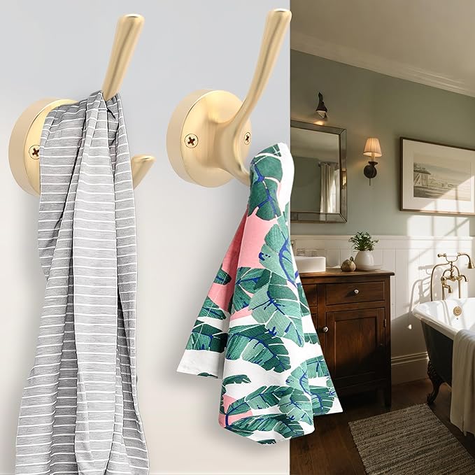 Gold Coat Hooks for Wall, 3 Pack Towel Hook Heavy Duty Metal Double Bath Robe Hook Wall Mount, Hat Hooks for Cubicle Bathroom Kitchen Closet Garage