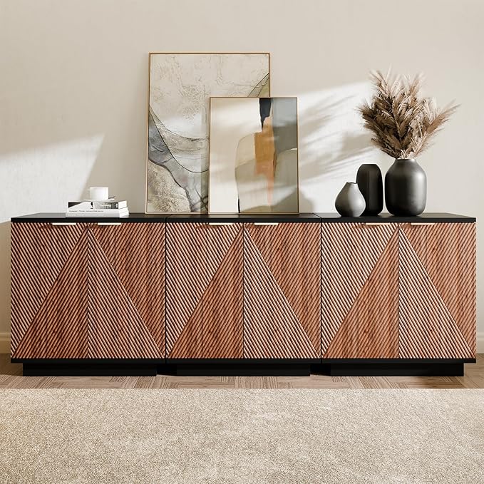 Walsham Buffet Cabinet Sideboard, 94.5" Fluted Accent Storage Cabinet with Doors and Shelves, Credenza Cupboard Console for Living Room Kitchen Hallway, Walnut