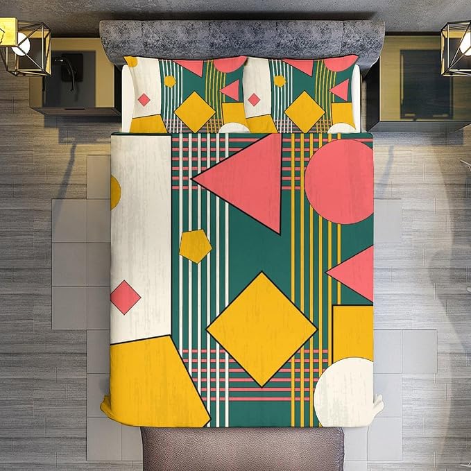 Colorful Aesthetic Comforter Cover Geometry Bed Set, Retro Atomic Duvet Cover，Modern Mid Century Bedding Sets，Aesthetic Abstract Art Bedding 3 Piece (1 Duvet Cover 90"x90" + 2 Pillow Sham 20"x30")