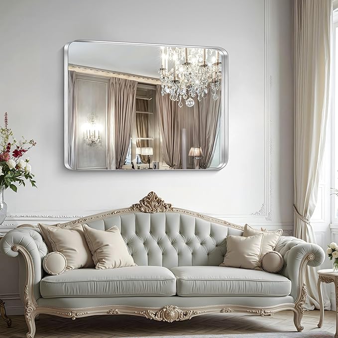 CIRCUMI Silver Bathroom Mirror, 36"x48" Rectangular Mirror with Deep Metal Frame, Rounded Corner, Tempered Glass, Large Mirror for Wall, Over 2 Sinks, Installed Vertically/Horizontally, Crystal-Clear