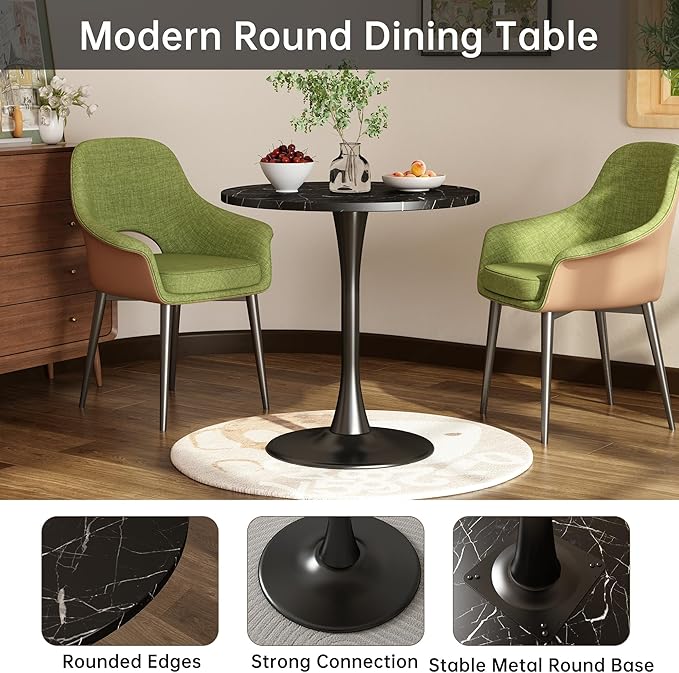 Black Marble Round Dining Table 24" Circle Tulip Table with Thickened Tabletop & Sturdy Metal Pedestal Mid Century Modern Leisure Bistro Kitchen Tables 2 People Small Places Living Room Cafe
