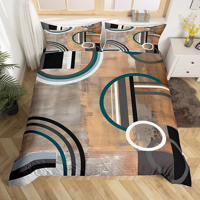 Erosebridal Oil Painting Bedding Sets for Kids Teens,Cream Brown Gray Duvet Cover Twin Size,Swirls Duvet Cover Set,Modern Chic Abstract Artwork Bed Set 2Pcs with 1 Pillow Case Zipper
