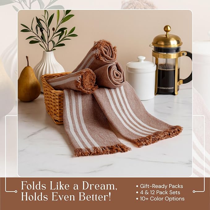 Prewashed Striped Dish Towels 12 Pack, 16x26 Inches, Quick Dry Towels for Kitchen, Durable, Reusable and Absorbent Wash Cloths Set, Washable Fabric, Heavy Duty for Daily Use - Brown