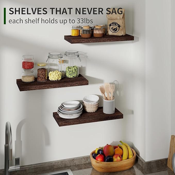 Marsmiles Wood Floating Shelves for Wall Set of 3, 17 Inch Wide Rustic Wooden Floating Shelves, Invisible Wall Mounted Display for Living Room Bedroom Kitchen Bathroom Office, Rustic Brown