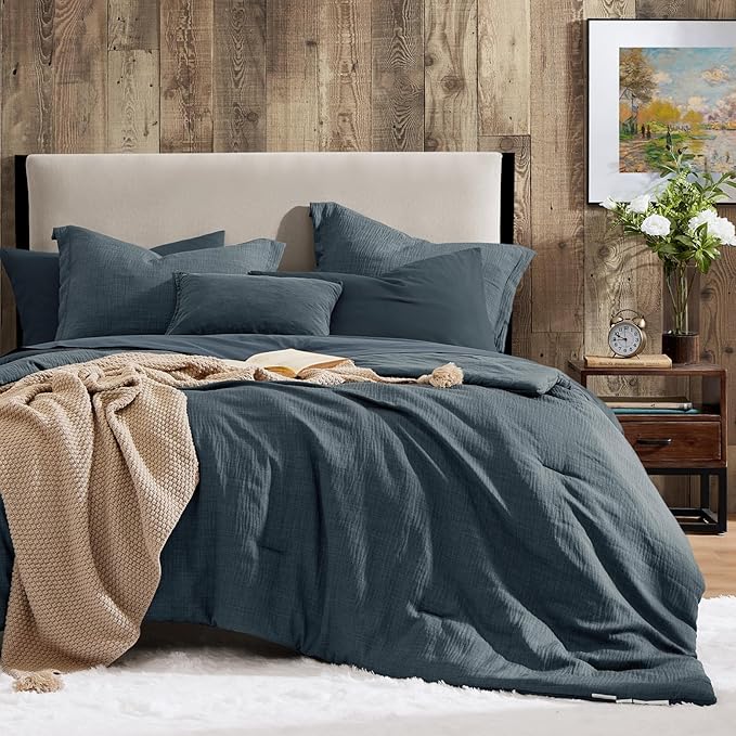 Geniospin Twin Comforter Set - 5 Pieces Comforter Twin Size, Solid Bedding Sets for All Season, Textured Bed in a Bag with Flat Sheet and Fitted Sheet, Pillowcases and Shams (Navy Blue, 66''x86'')