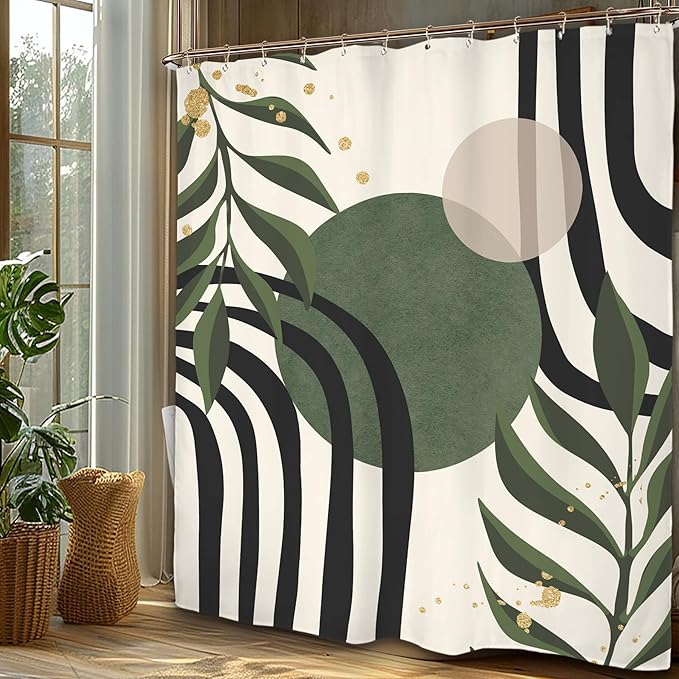 Miyotaa Abstract Sage Green Black Shower Curtain Set 60Wx71H Inches Modern Aesthetic Contemporary Minimalist Plant Leaves Neutral Geometric Waterproof Bathroom Curtain with 12 Hooks