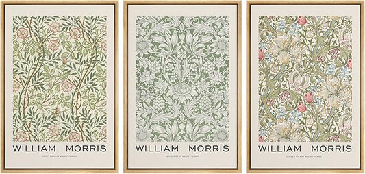 wall26 Framed Canvas Print Wall Art Set William Morris Flower Pattern Tapestries Nature Floral Illustrations Fine Art Decorative Botanical Rustic for Living Room, Bedroom, Office - 24"x36"x3 Natural