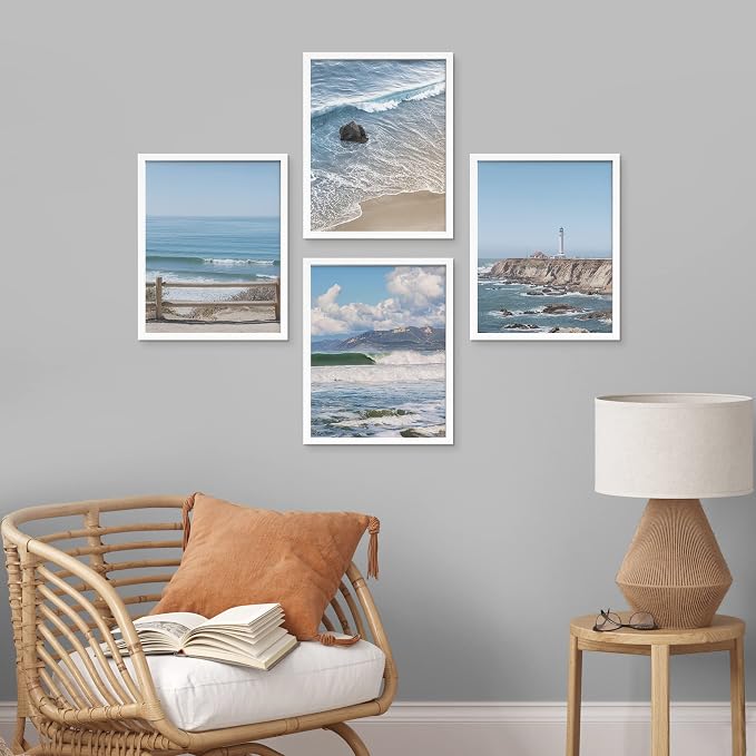 SIGNWIN Framed White Aerial View Blue Ocean Wave Beach Shore Wall Art, Set of 4 Landscape Colorful Wall Decor Prints, Nature Wilderness Wall Décor for Living Room, Bedroom - 8"x10" White