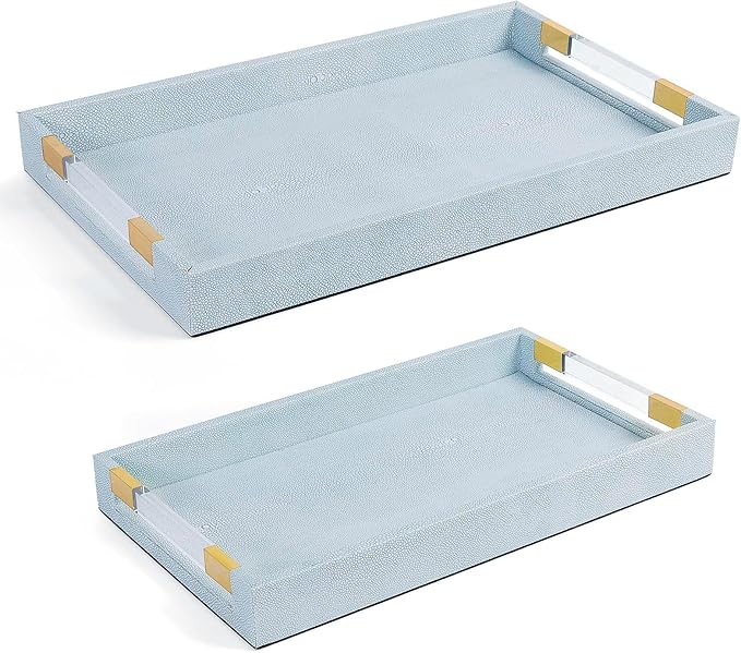 2 Pack Large Ottoman Tray Shagreen Decorative Tray Serving Tray with Acrylic Gold Handles, Ice Blue Vegan Leather Coffee Table Tray for All Occations Home Decor