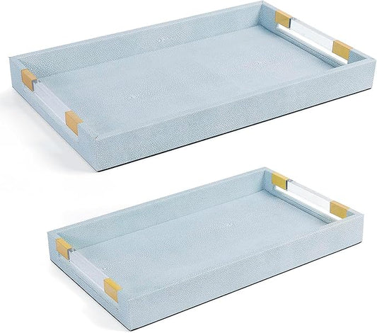 2 Pack Large Ottoman Tray Shagreen Decorative Tray Serving Tray with Acrylic Gold Handles, Ice Blue Vegan Leather Coffee Table Tray for All Occations Home Decor