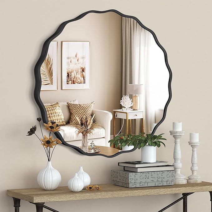 Black Round Mirror for Wall, 24"x24" Decorative Wavy Bathroom Mirror with Brushed Alloy Steel Frame & Shatter-Proof Glass, Hanging Circle Wall Mirrors for Bathroom, Entryway, Bedroom
