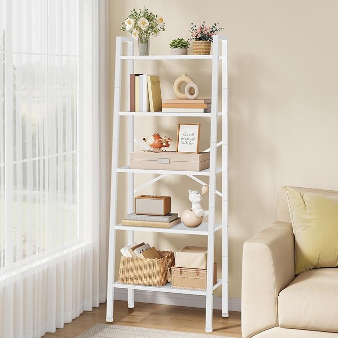 Hoctieon 5-Tier Industrial Ladder Bookshelf, Narrow Ladder Shelf, Tall Standing Bookshelf, Skinny Open Ladder Shelf, for Living Room, Home Office, Kitchen, Bedroom, Metal Frame, White