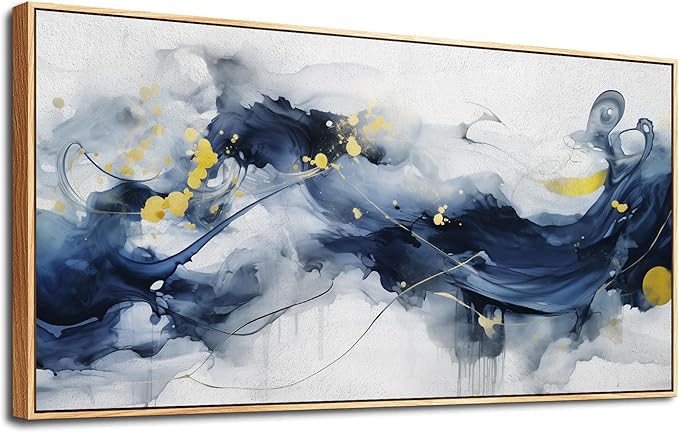 hyidecorart Wood Framed Canvas Art Prints Wall Art For Living Room Large Size Wall Decor For Office Bedroom Wall Decorations Pictures Artwork Blue Abstract Ink Paintings Ready To Hang Home Decor