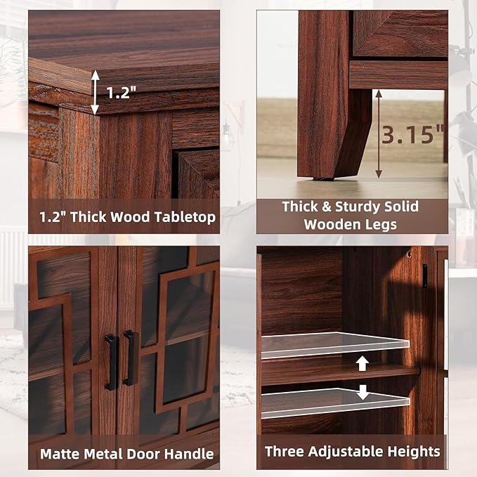 Large Sideboard Buffet Cabinet with Storage, 63" Farmhouse Brown Kitchen Coffee Wine Bar Cabinet with 4 Glass Doors, Wood Mid Century Modern Side Board Table for Dining Room, Living Room