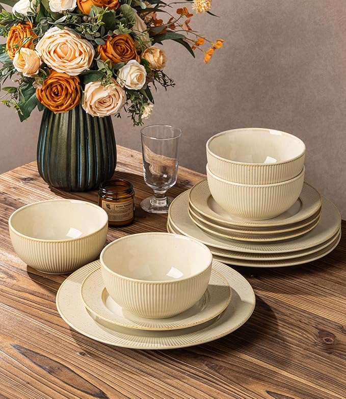 TheTerra Stoneware Dinnerware Sets for 4, 12 Pieces Ceramic Plates and Bowls Sets, Scratch Resistant Embossed Dish Set, Oven, Microwave & Dishwasher Safe, Cappuccino