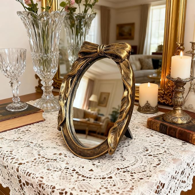 Vintage Round Vanity Desk Mirror - 8x6Inch Elliptical Tabletop Decorative Ornate Gold Accent Retro Makeup Mirror for Bedroom Dresser Living Room Bathroom Dorm Champagne Gold