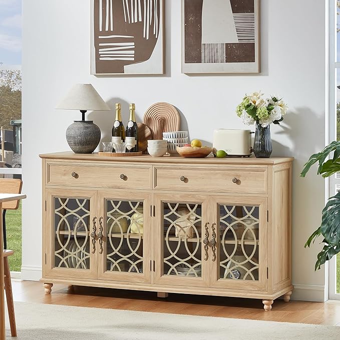 Farmhouse Sideboard Buffet Cabinet with Storage,59" Large Credenza with 4 Glass Doors & 2 Drawers,Adjustable Shelves Console Table,Wood Kitchen Coffee Bar for Dining Room,Living Room,Natural