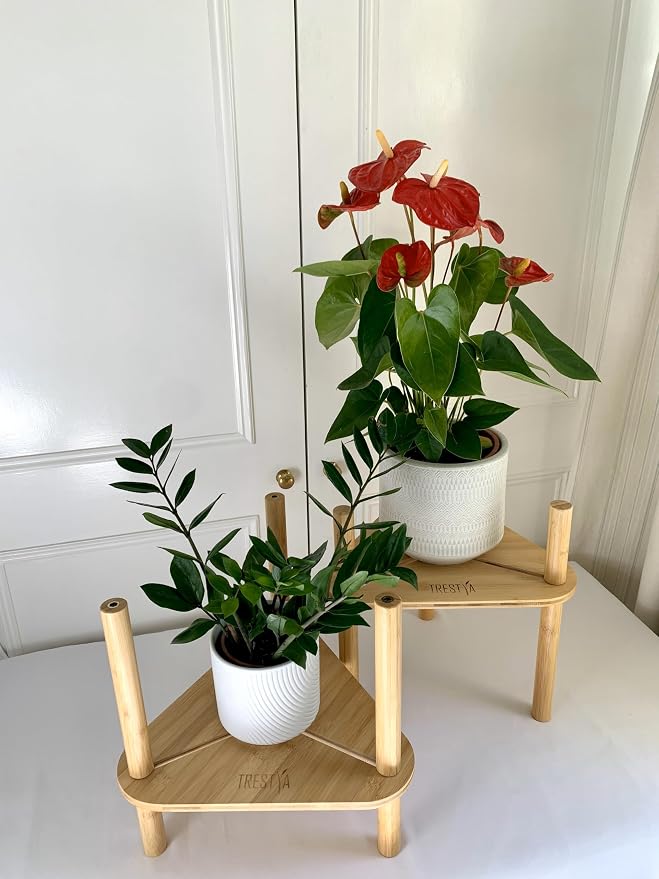 Adjustable Plant Stand for Indoor Pots – Bamboo Wood, Height & Width Adjustable (No Tools Needed), Fits Small & Large Pots Sizes 3 to 12 inches (Not Included), Mid-Century Modern Style
