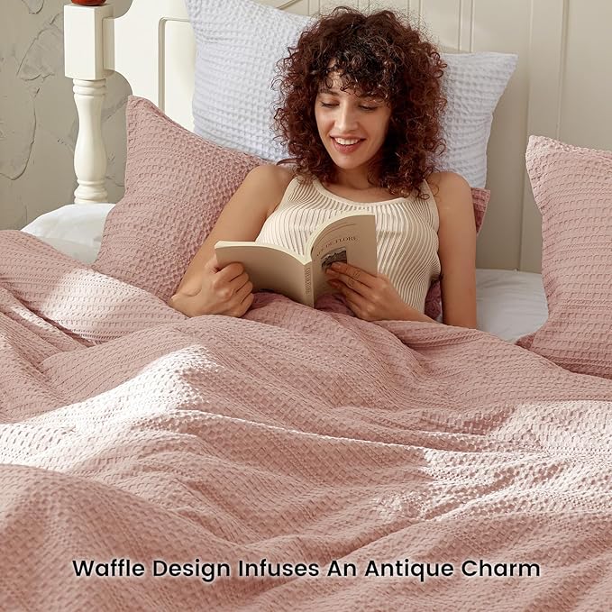 PHF Soft Waffle Comforter Set Twin Size- Comfy Breathable Waffle Weave Comforter with 1 Pillow Shams, 2 Pieces Less Snagging Lightweight Textured Bedding Set for All Season, Rose Pink