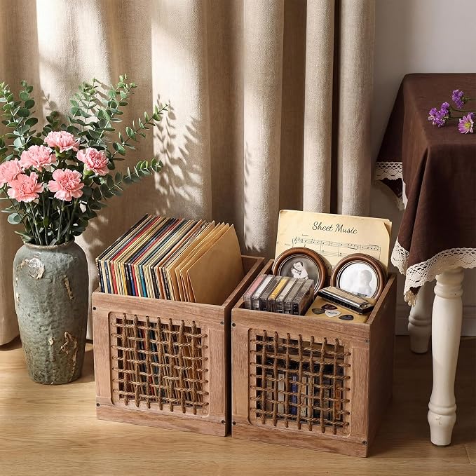 Geelin 2 Pack Stackable Wood Storage Bins with Handles 11 Inch 22l Cube Vinyl Record Storage Box Decorative Vintage Farmhouse Wood Rope Crate Basket Containers Organizing Bins for Toy Books Office