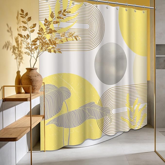 Mustard Yellow and Grey Shower Curtain Light Yellow and Gray White Shower Curtains for Bathroom Decor Abstract MCM Bath Curtain Set, Waterproof Fabric with Hooks 60 x 72 Inch