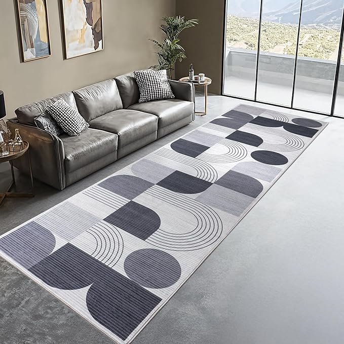 Machine Washable 2x6 Runner Rug, Soft Modern Geometric Abstract Grey Rugs for Bedroom Living Room, Non-Shedding Faux Wool Indoor Throw Floor Carpet for Office Entryway Dining Room Decor