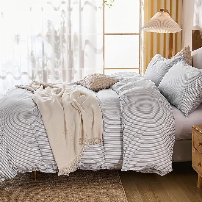 Merryword Striped Duvet Cover Set Queen Size - 100% Cotton Duvet Cover Set with Zipper Closure & 8 Corner Ties, Blue Pinstripe Bedding Set 3 Pieces, Soft Linen Like Bedding Set for All Seasons