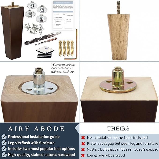 Premium Walnut Square Furniture Legs (Full Install Kit) - Pick Your Size and Color