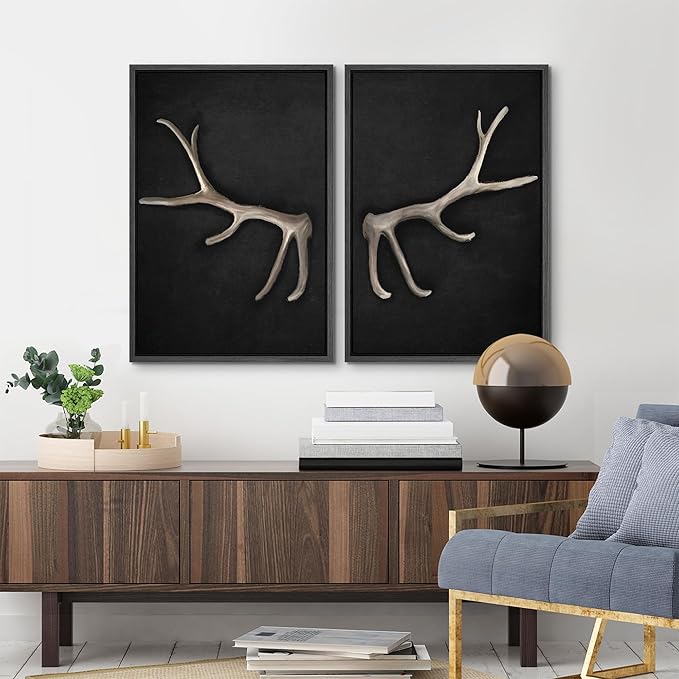 MUDECOR Framed Canvas Print Wall Art Rustic Antler Minimalist Antler Illustrations Modern Art Decorative Bohemian Colorful Chic for Living Room, Bedroom, Office - 16"x24"x2 Black