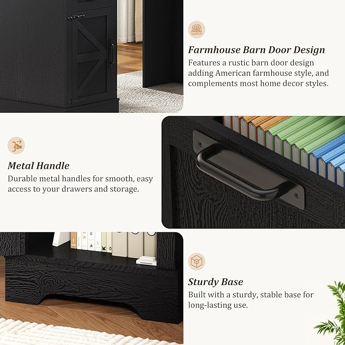 Squireewo 68.9'' Farmhouse L Shaped Desk with Drawers, Wood Executive Home Office Desk with Charging Station, File Drawers and Storage Cabinet, Computer Corner Desk for Work, Study and Writing, Black