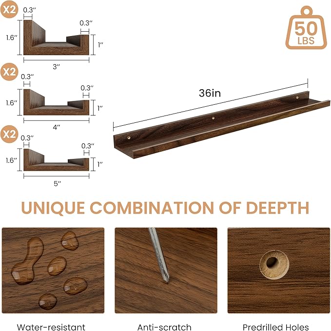 Floating Shelves for Wall Set of 6, 36 inch Picture Ledge Shelf Decor Storage, Wall Mounted Shelves for Living Room Bedroom Decor Books Photo Frames,Walnut