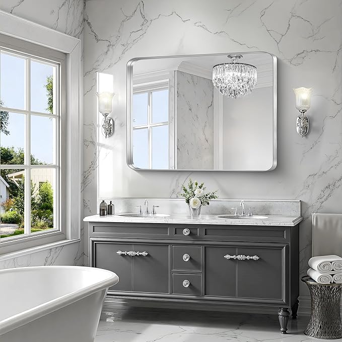 CIRCUMI Silver Bathroom Mirror, 36"x48" Rectangular Mirror with Deep Metal Frame, Rounded Corner, Tempered Glass, Large Mirror for Wall, Over 2 Sinks, Installed Vertically/Horizontally, Crystal-Clear