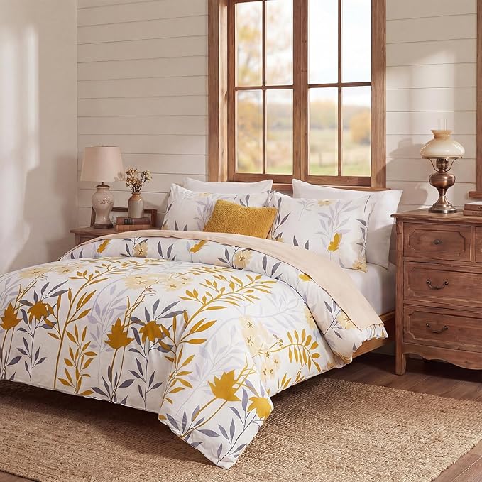 100% Cotton Duvet Cover Set King Size, Yellow Floral Bedding Set 3 Pcs Reversible Lightweight Comforter Cover for All Season(King, Yellow Botanical)