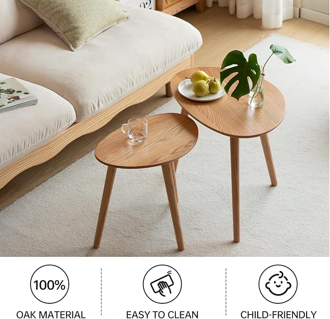 Small Oval Coffee Table, Mid Century Modern Coffee Table for Living Room, 100% Solid Oak Wood Side Table End Tables for Home (Natural Color, 19.68" Wx13.38 Dx17.71 H)