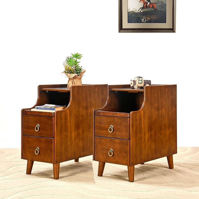2-Set Solid Hardwood End Table with 2 Drawers, Traditional Beside Table with Pull-Out Coffee Tray, Modern Vintage Sofa Chair Side Table Nightstand for Living Room Bedroom, Cherry Brown Accent Table
