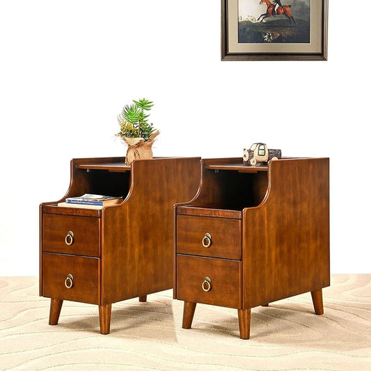 2-Set Solid Hardwood End Table with 2 Drawers, Traditional Beside Table with Pull-Out Coffee Tray, Modern Vintage Sofa Chair Side Table Nightstand for Living Room Bedroom, Cherry Brown Accent Table