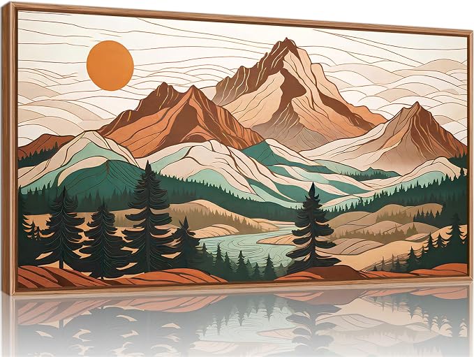 Tinonedraw Mountain Framed Canvas Wall Art, Sunrise Forest Woodland Landscape Art Prints, Boho Ridge Scenery Wall Decor, Wood Pine Wilderness Art Paintings for Living Room Bedroom Office 20"x40"