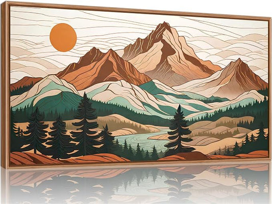 Tinonedraw Mountain Framed Canvas Wall Art, Sunrise Forest Woodland Landscape Art Prints, Boho Ridge Scenery Wall Decor, Wood Pine Wilderness Art Paintings for Living Room Bedroom Office 20"x40"