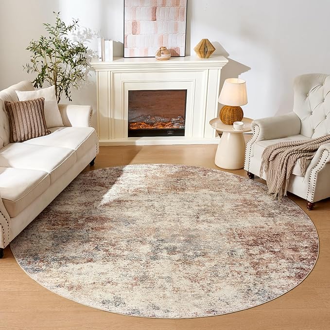 WITSHOCK 8ft Round Area Rug for Living Room: 8x8 Washable Neutral Modern Abstract Soft Thin Rug Indoor Floor No Slip Rug Carpet for Bedroom Under Dining Table Home Office Decor (Rust Color)
