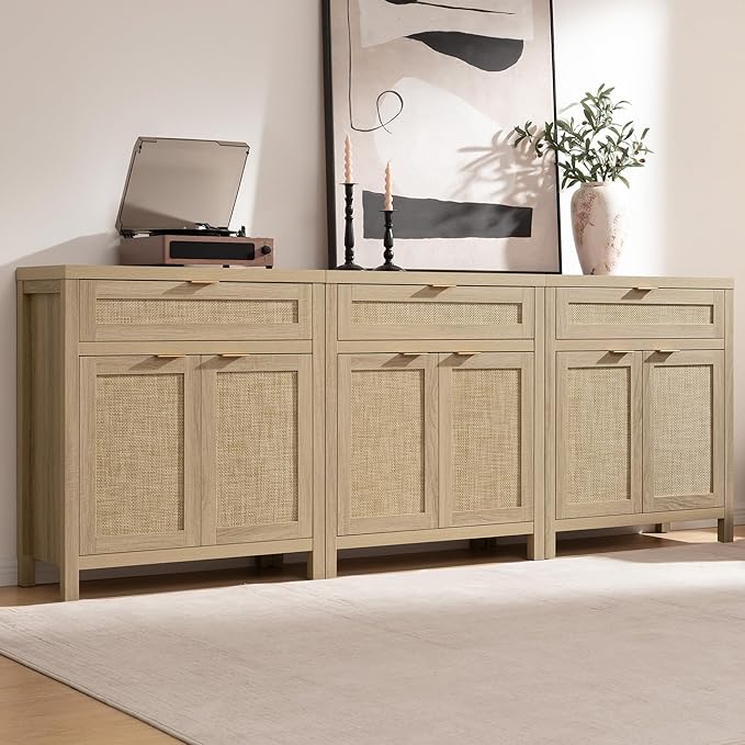 SICOTAS Sideboard Buffet Storage Cabinet, Rattan Accent Cabinet with Doors and Drawer, Boho Credenzas Buffet Table Console Coffee Bar Cabinets for Entryway Living Room, Natural