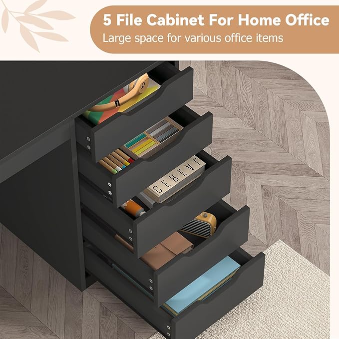 YOMILUVE 47 Inch Computer Desk with 5 Drawers and Power Outlets, Home Office Desks with Storage File Cabinet, Modern Simple Laptop Desk Writing Table for Small Spaces, Black