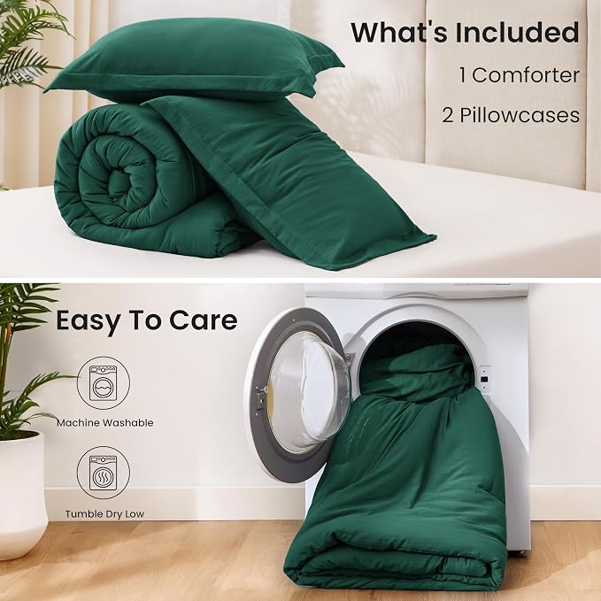 Love's cabin Dark Green King Size Comforter Set, 3-Piece Prewashed Bed Set with 1 Comforter (104 x 90 in) & 2 Pillowcases, Lightweight & Breathable for All Seasons