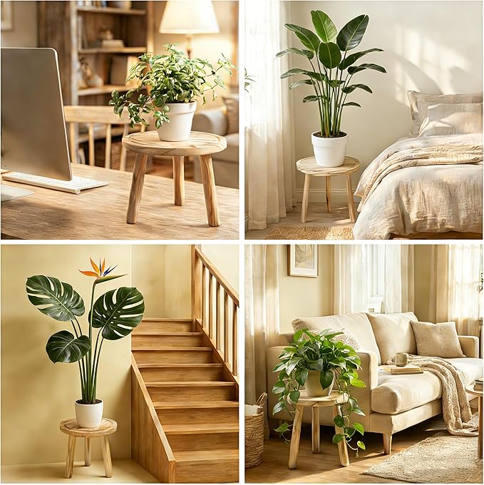 Wood Plant Stands Indoor, 3-Pack Single Plant Stand for 6-12 Inch Pots, Mid-Century Modern Plant Stool, Tall Wooden Plant Stand for Large Plants Perfect Fit for Living Room, Balcony, Office(Light Brown)