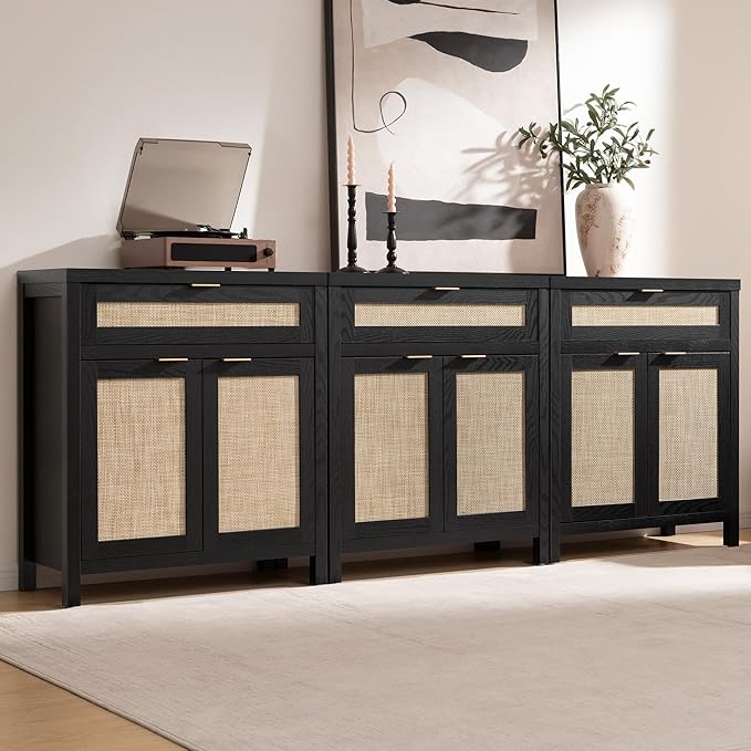 SICOTAS Sideboard Buffet Storage Cabinet Set of 2, Rattan Credenza Buffet Table, Modern Console Accent Cabinet with Doors and Drawer, Coffee Bar Cabinets for Kitchen Entryway Living Room, Black