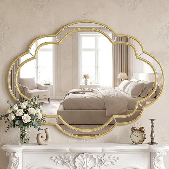 Gold Oval Mirror - 24"x32" Gold Scalloped Edge Mirrors with Beveled Glass Frame, Wall Decor Mirror for Living Room, Bedroom, Entryway,Hallway