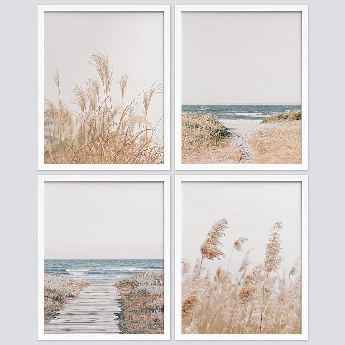 SIGNWIN Framed White Pampas Grass Beach Ocean Shore Horizon Wall Art, Set of 4 Landscape Colorful Wall Decor Prints, Nature Wilderness Wall Décor for Living Room, Bedroom - 8"x10" White