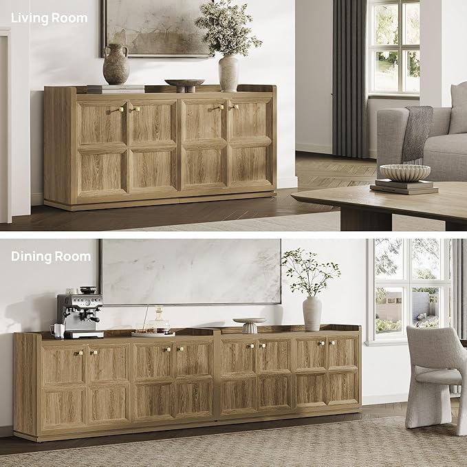 SICOTAS 4-Door Buffet Cabinet, 61.7" Wide Extra Long Sideboard with 2 Separate Bays & Adjustable Shelves, Modern Credenza Storage Cabinet with Gold Handles for Kitchen Living Room, Brown Oak, 1 PCS