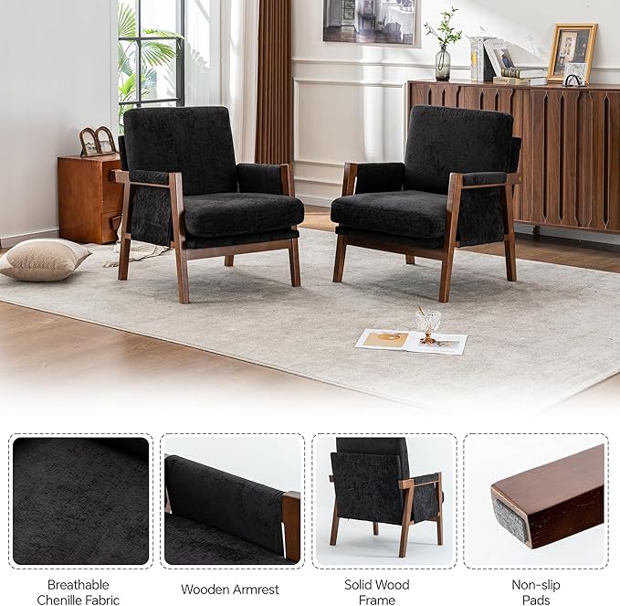 Mid Century Modern Accent Chair with Wood Frame, Upholstered Living Room Chairs with Wide Armrest, Chenille Fabric Comfy Arm Chair for Bedroom, Reading Room, Balcony (1, Black)